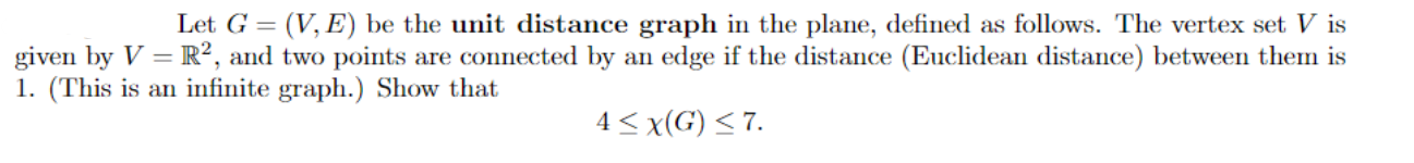 Let G=(V,E) be the unit distance graph in the plane, | Chegg.com