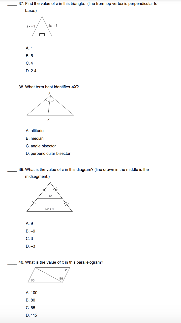 Solved 37 Find The Value Of X In This Triangle Line Chegg Com