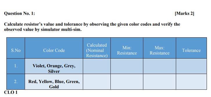 Solved Question No. 1: [Marks 21 Calculate resistor's value | Chegg.com