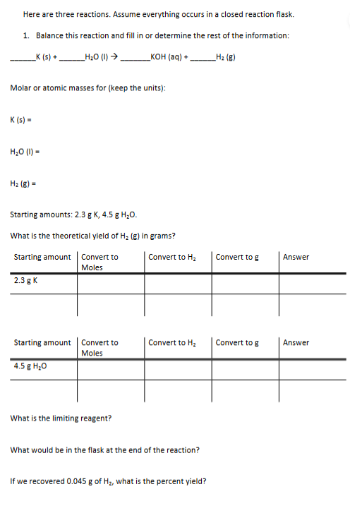 Solved K(s)+ H2O(I)→ KOH(aq)+ H2( G) Molar Or Atomic Masses | Chegg.com