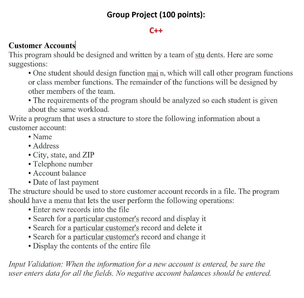 Solved Group Project (100 points): C++ Customer Accounts | Chegg.com