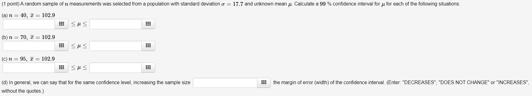 Solved (1 point) A random sample of n measurements was | Chegg.com