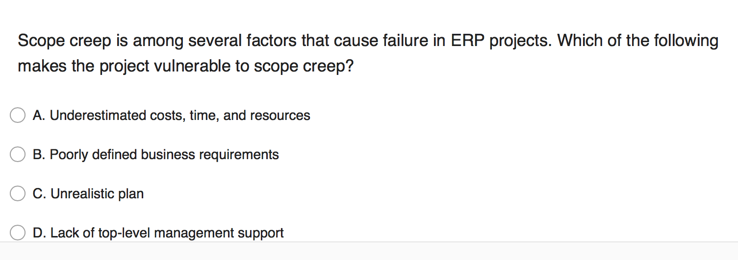 Solved Scope creep is among several factors that cause | Chegg.com