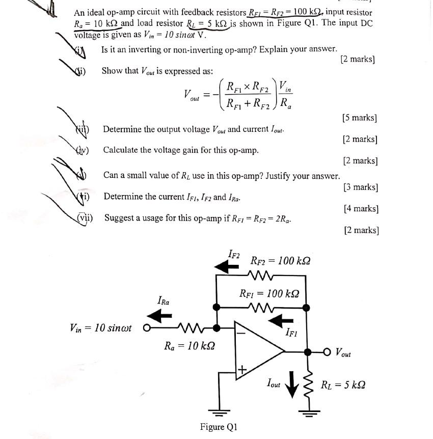 An ideal op-amp circuit with feedback resistors \( R_{E L}=R_{F 2}=100 \mathrm{k} \Omega \), input resistor \( R_{a}=10 \math