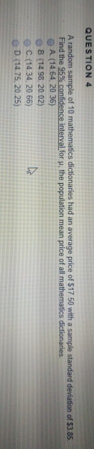 Solved QUESTION 4 A random sample of 10 mathematics | Chegg.com
