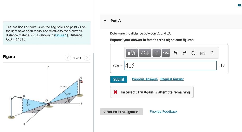 The positions of point \( A \) on the flag pole and point \( B \) on the light have been measured relative to the electronic