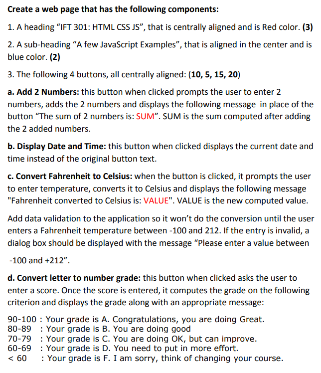 Solved Create A Web Page That Has The Following Components: | Chegg.com