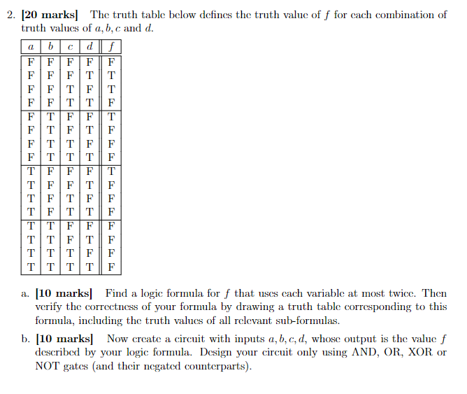 Solved 2. [20 Marks] The Truth Table Below Defines The Truth | Chegg.com