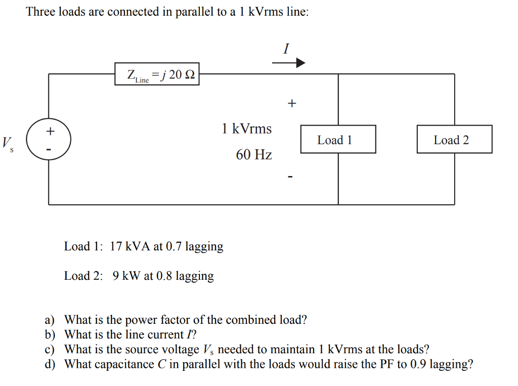 Solved Three loads are connected in parallel to a 1 KVrms | Chegg.com
