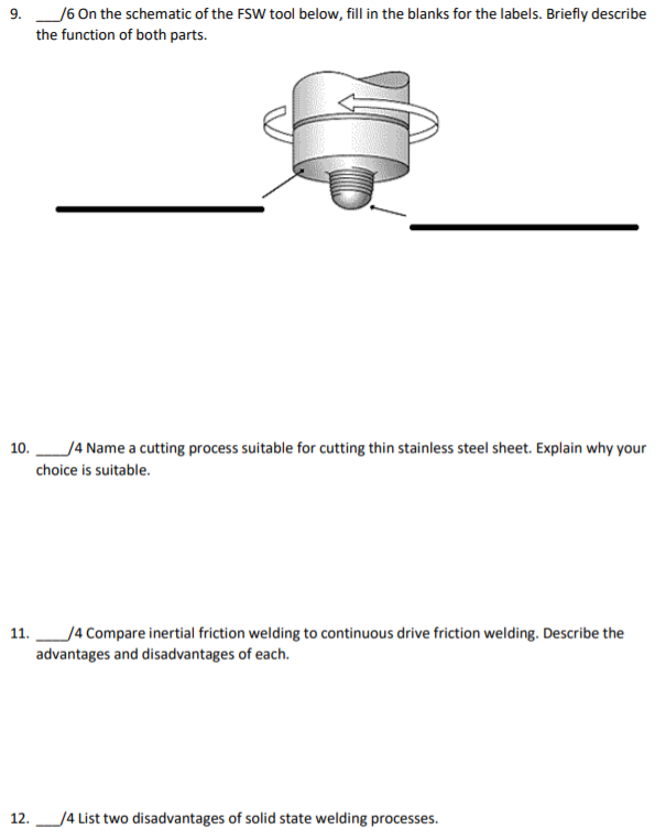 9 6 On the schematic of the FSW tool below, fill in | Chegg.com