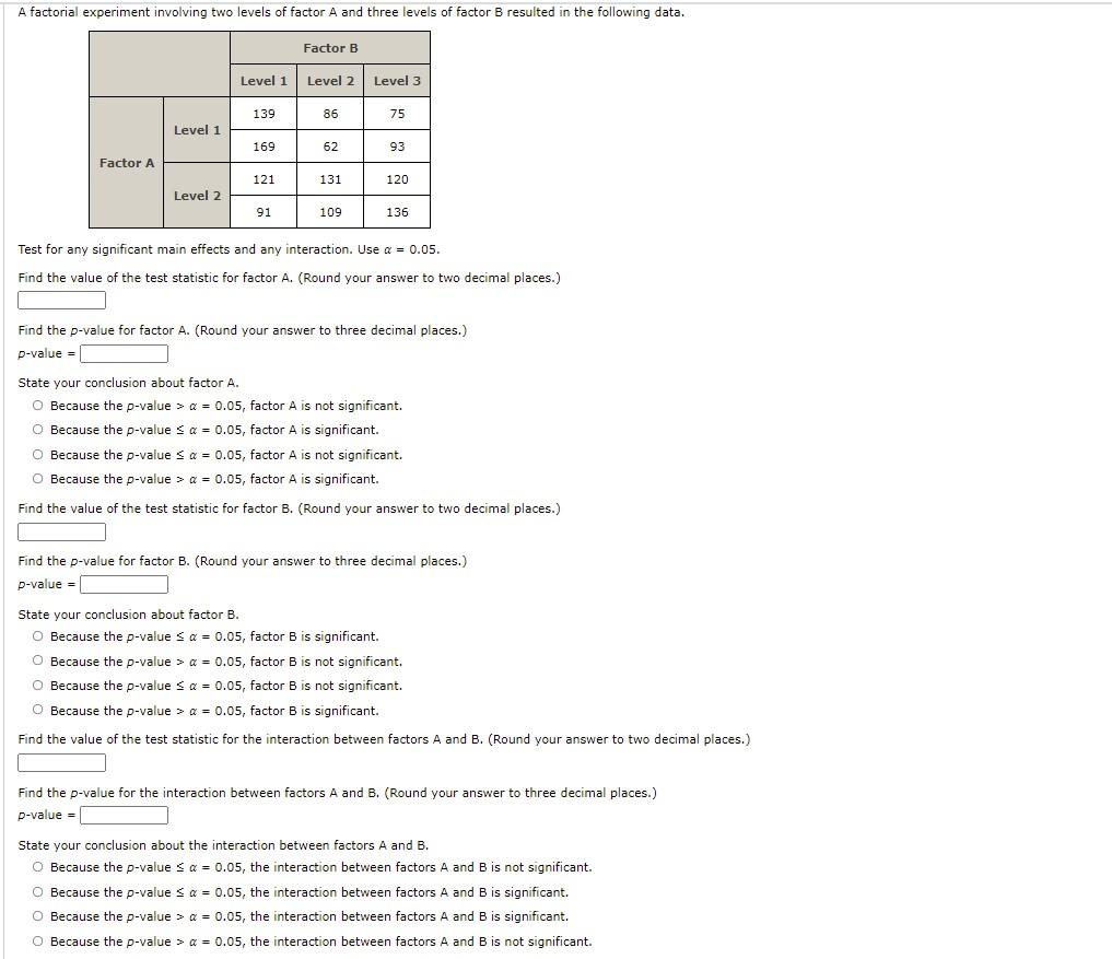 Solved A Factorial Experiment Involving Two Levels Of Factor | Chegg.com