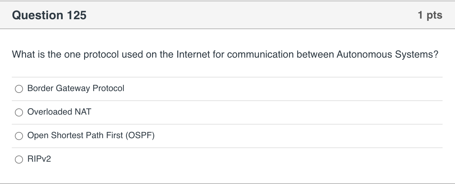 Solved Question 125 1 pts What is the one protocol used on | Chegg.com