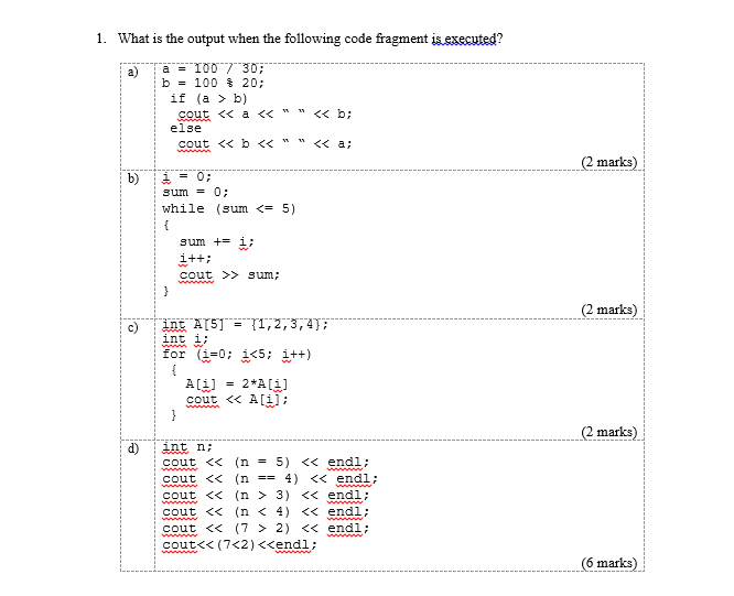 Solved 1. What is the output when the following code | Chegg.com