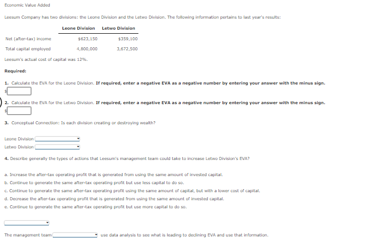 Solved Economic Value Added Leesum Company Has Two | Chegg.com