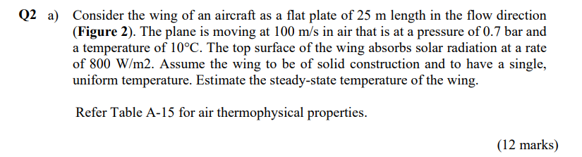 Q2 a) Consider the wing of an aircraft as a flat plate of 25 m length in the flow direction
(Figure 2). The plane is moving a