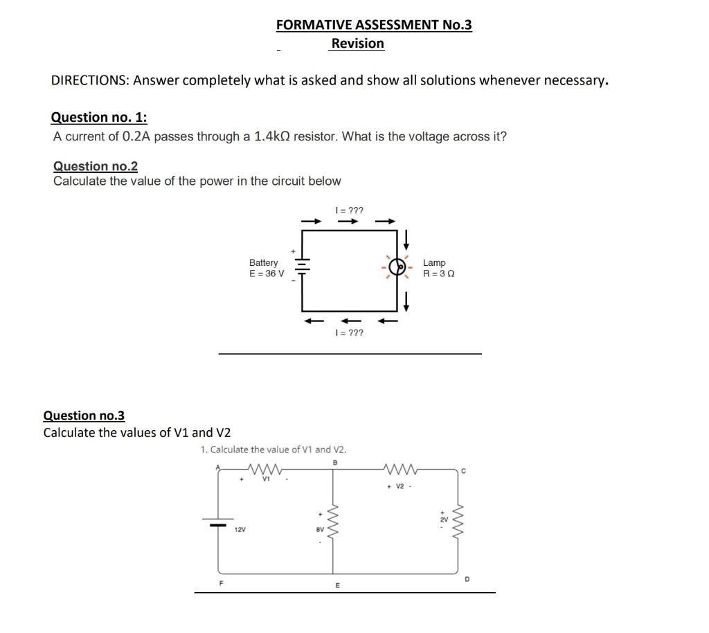 Solved FORMATIVE ASSESSMENT No.3 Revision DIRECTIONS: Answer | Chegg.com