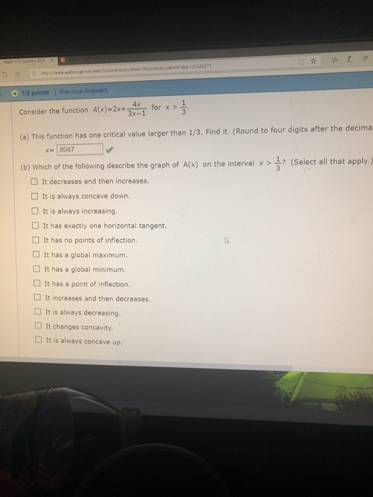 Solved 0 1/2 points Previous Answers Consider the function | Chegg.com