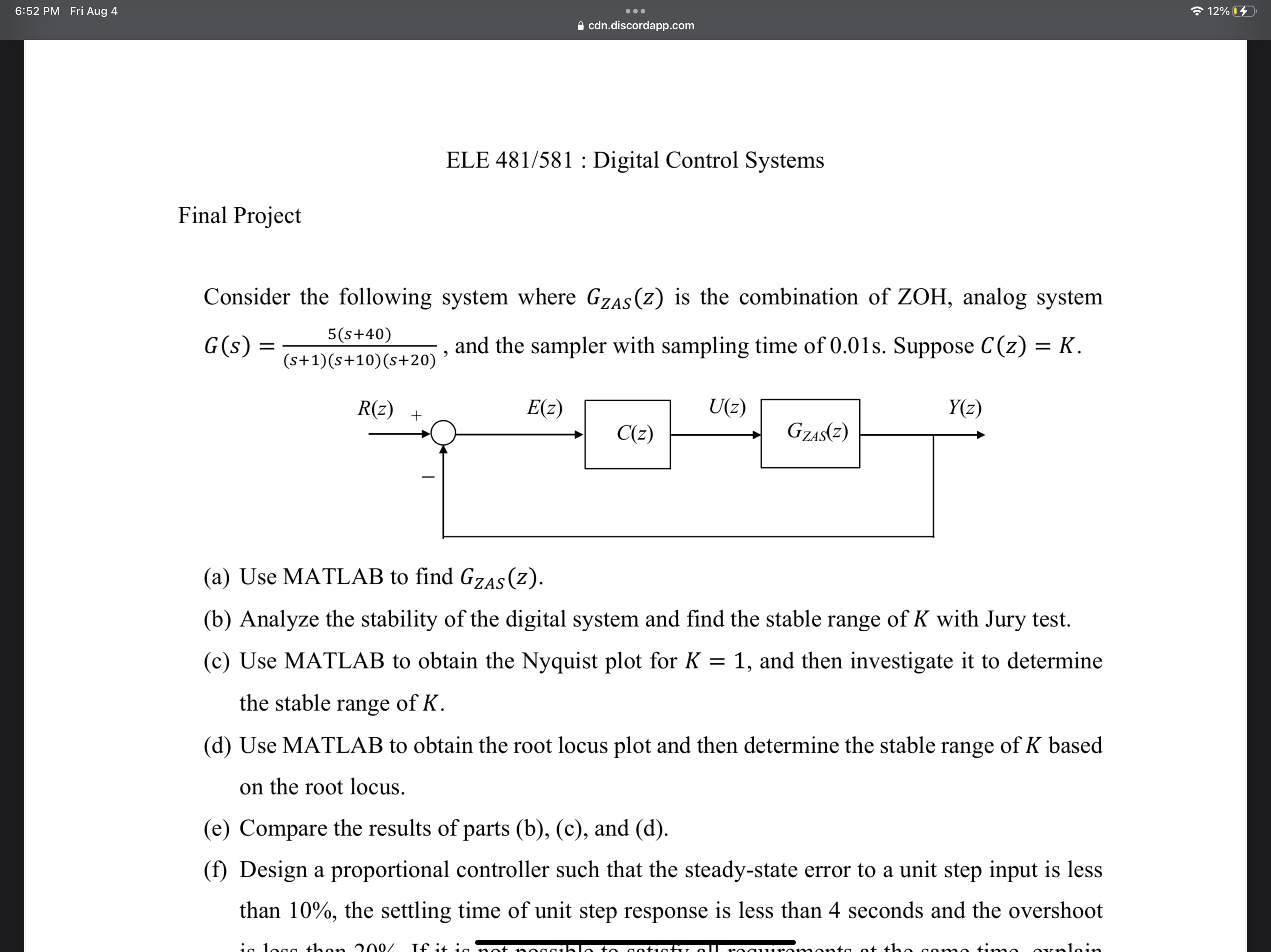 ELE 481/581 : Digital Control Systems Final Project | Chegg.com