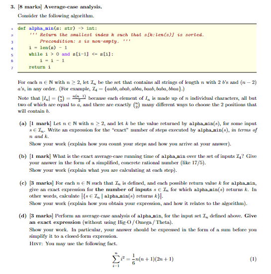Solved 3. [8 marks] Average-case analysis. Consider the | Chegg.com
