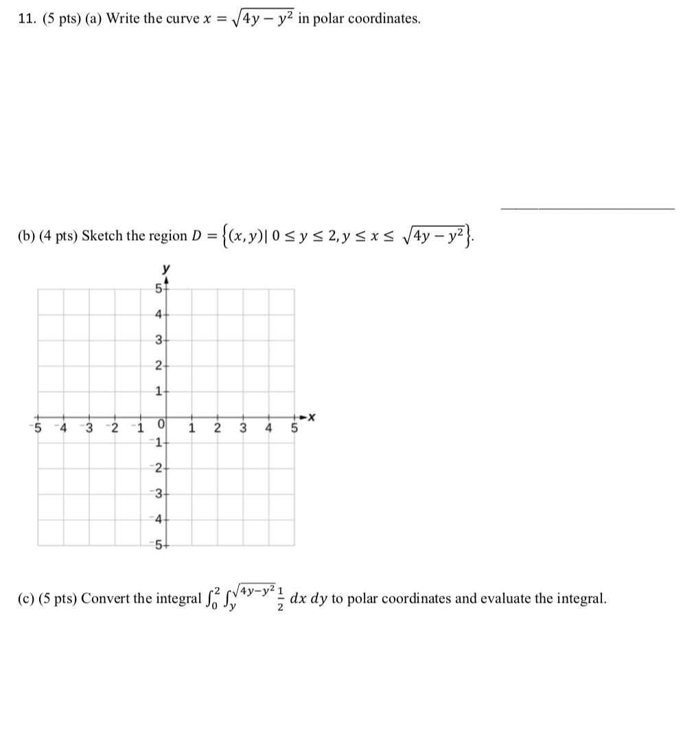 Solved 11. (5 pts) (a) Write the curve x = 4y - y2 in polar | Chegg.com