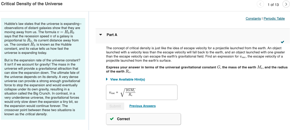 Solved Critical Density of the Universe 1 of 13 Constants | Chegg.com