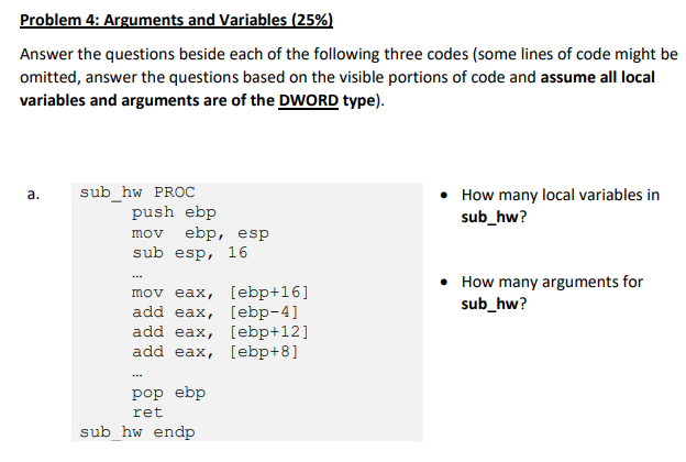 Solved Problem 4: Arguments and Variables (25%) Answer the | Chegg.com