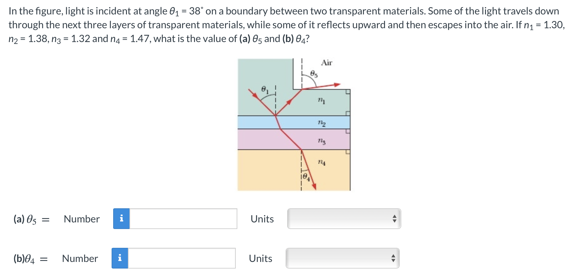 Solved In the figure, light is incident at angle 01 = 38° on | Chegg.com