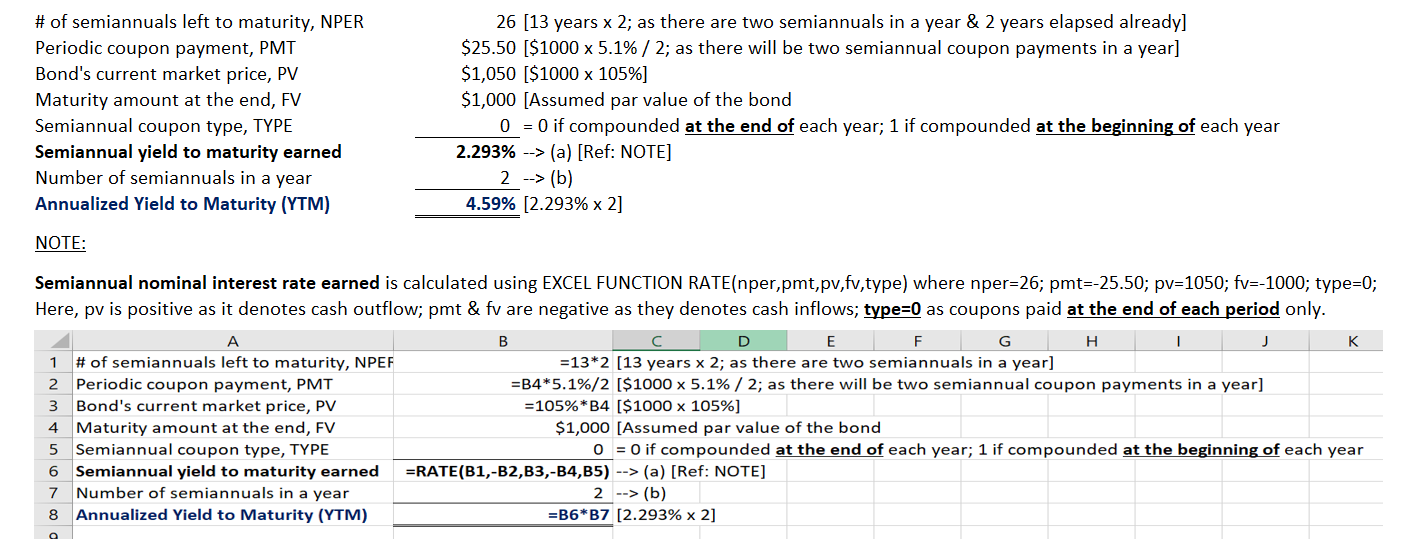 # of semiannuals left to maturity, NPER Periodic coupon payment, PMT Bonds current market price, PV Maturity amount at the e