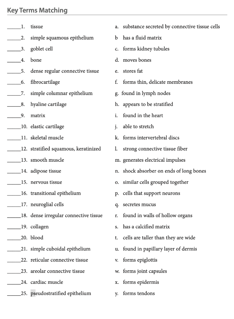 Solved Key Terms Matching 1. tissue a. substance secreted by | Chegg.com