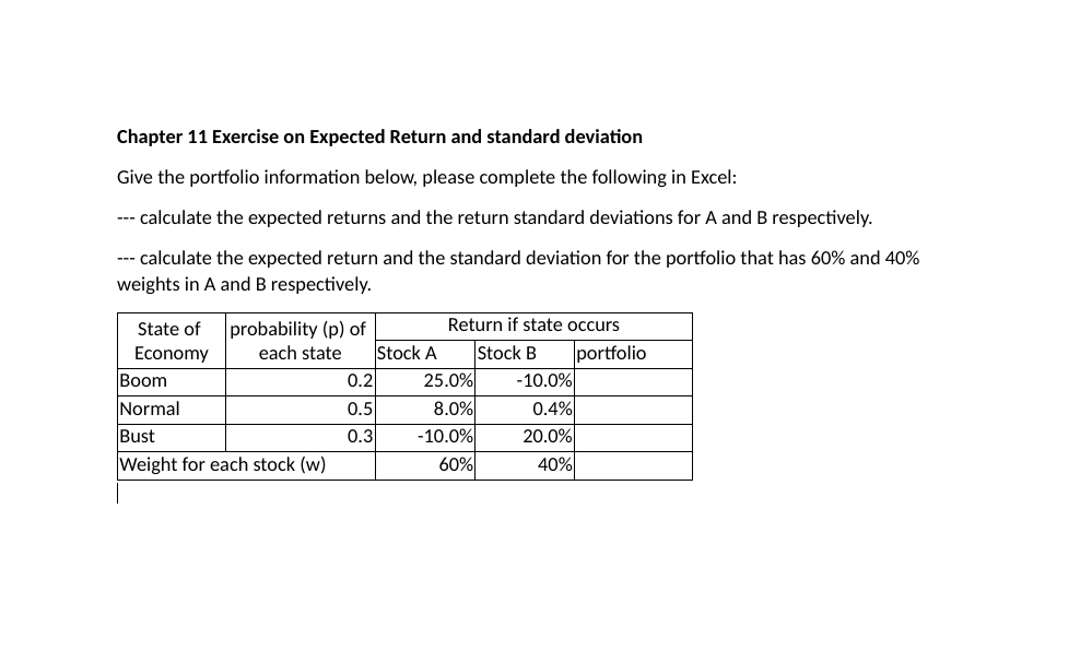 Solved Chapter 11 Exercise On Expected Return And Standard | Chegg.com