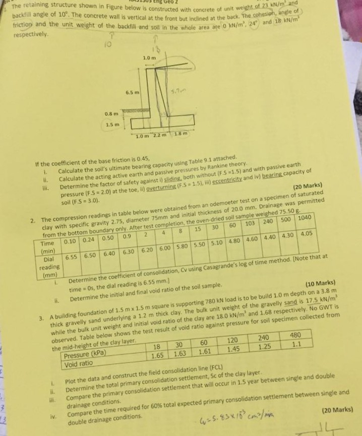 Solved The retaining structure shown in Figure below is | Chegg.com