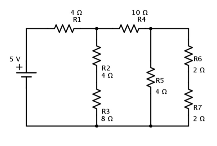 Solved 4Ω R1 10Ω R4 0 2 2 2 R6 5 V R2 4Ω 2Ω R5 4Ω 9 R7 2Ω R3 | Chegg.com