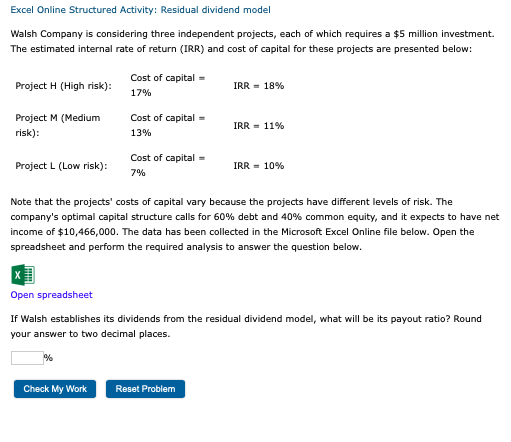 Solved Excel Online Structured Activity: Residual dividend | Chegg.com