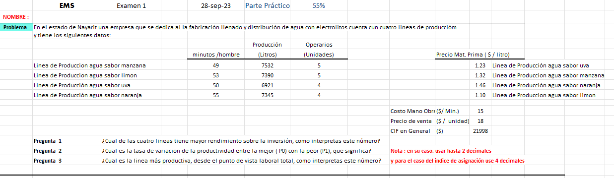 \begin{tabular}{|c|c|c|c|c|c|c|c|c|c|c|} \hline & EMS & Examen 1 & 28-sep-23 & Parte Práctico & \( 55 \% \) & & & & & \\ \hli