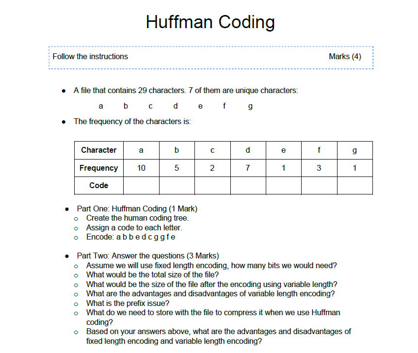 Solved Huffman Coding Follow The Instructions Marks (4) • A | Chegg.com