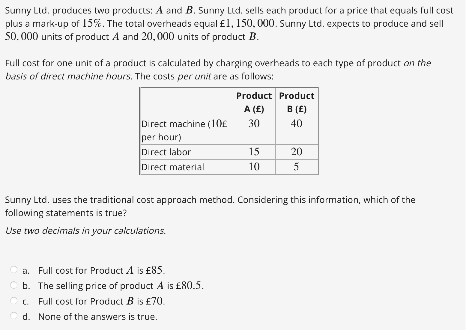 Solved Sunny Ltd. Produces Two Products: A And B. Sunny Ltd. | Chegg.com