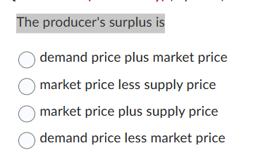 Solved The producer's surplus is demand price plus market | Chegg.com