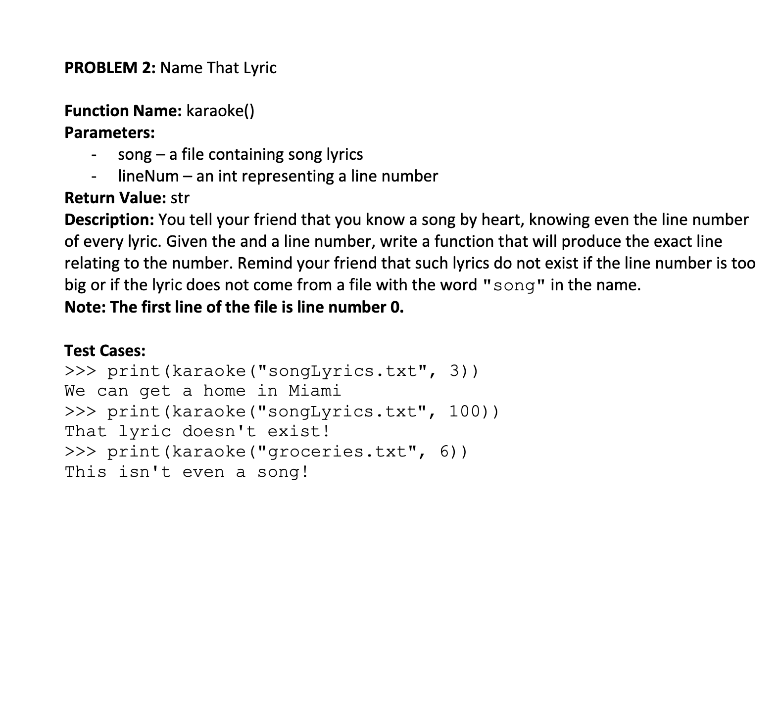 Solved PROBLEM 2: Name That Lyric Function Name: karaoke() | Chegg.com