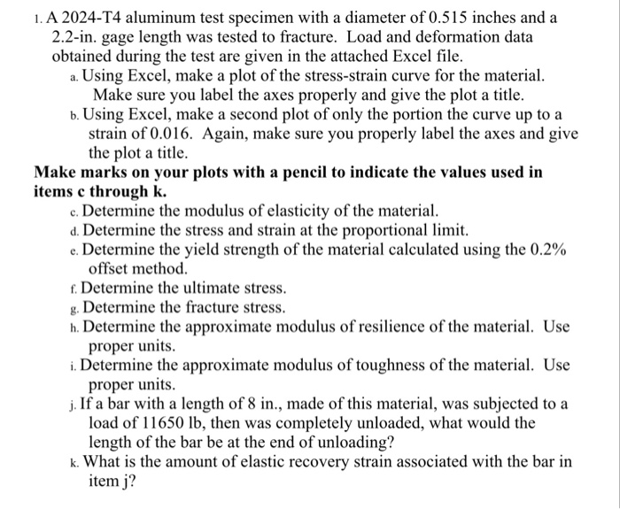 Solved 1. A 2024-T4 aluminum test specimen with a diameter | Chegg.com
