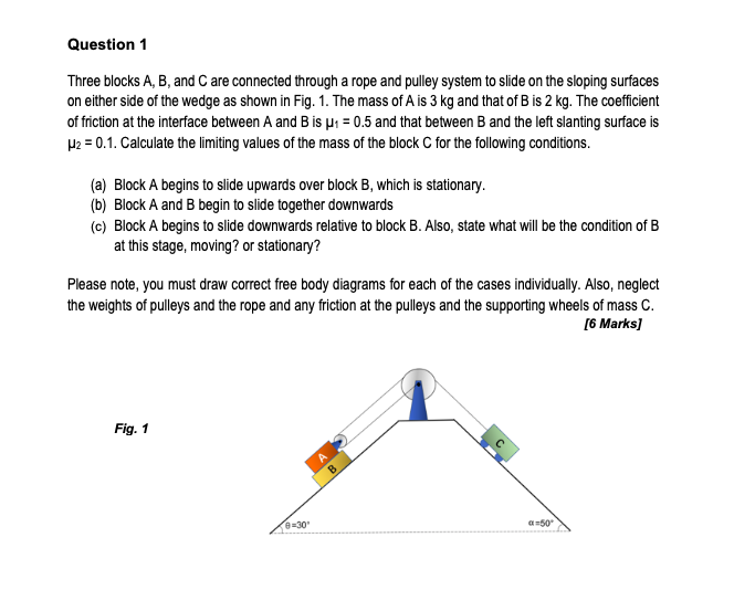 Solved Question 1 Three blocks A, B, and are connected | Chegg.com