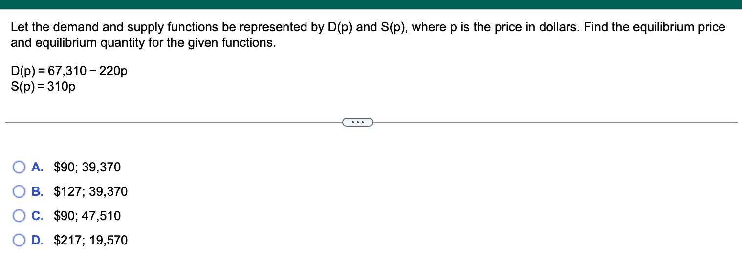 Solved Let the demand and supply functions be represented by | Chegg.com
