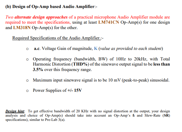 (b) Design Of Op-Amp Based Audio Amplifier:- Two | Chegg.com