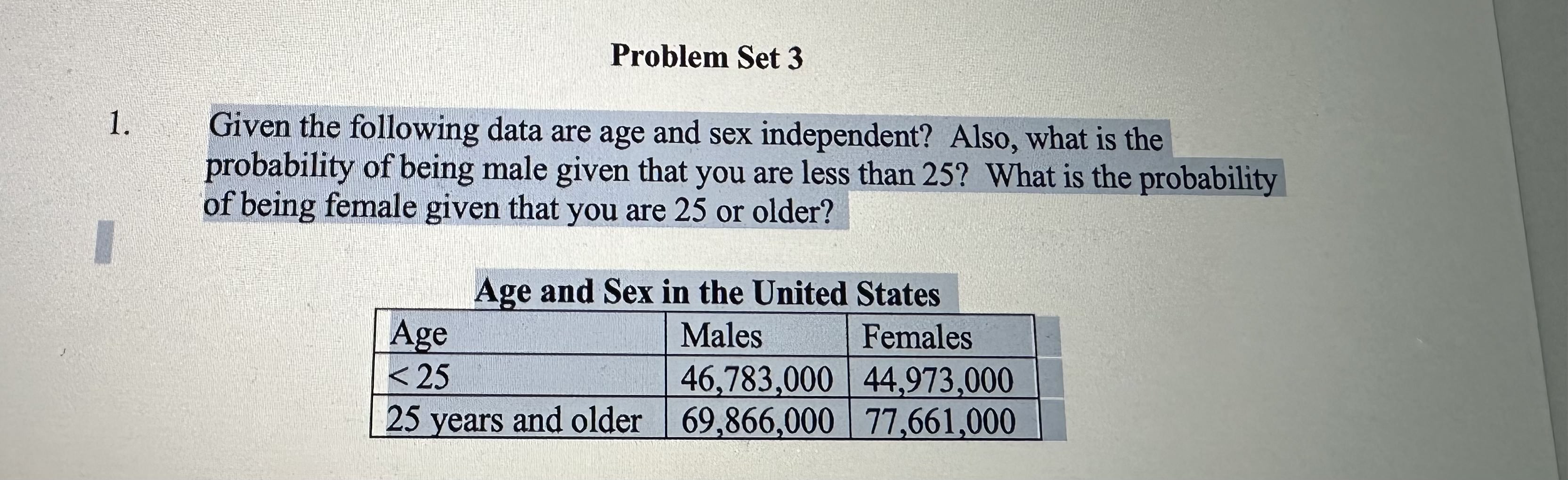 Solved 1. ﻿Given the following data are age and sex | Chegg.com