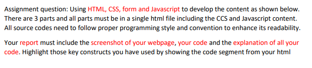 Solved Assignment question: Using HTML, CSS, form and | Chegg.com