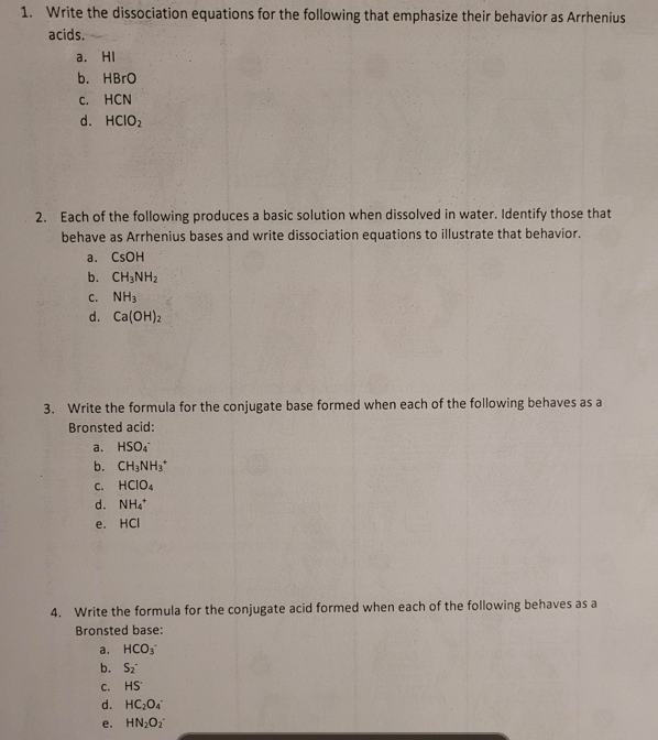 Solved 1. Write The Dissociation Equations For The Following | Chegg.com