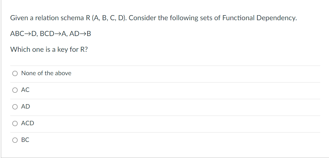 Solved Given A Relation Schema R (A, B, C, D). Consider The | Chegg.com