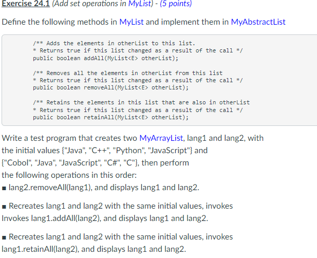 Exercise 24.1 (Add set operations in MyList) - (5 | Chegg.com