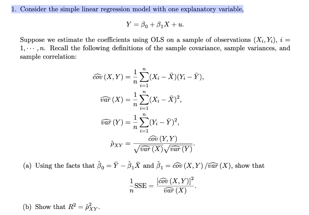 Solved 1. Consider The Simple Linear Regression Model With | Chegg.com