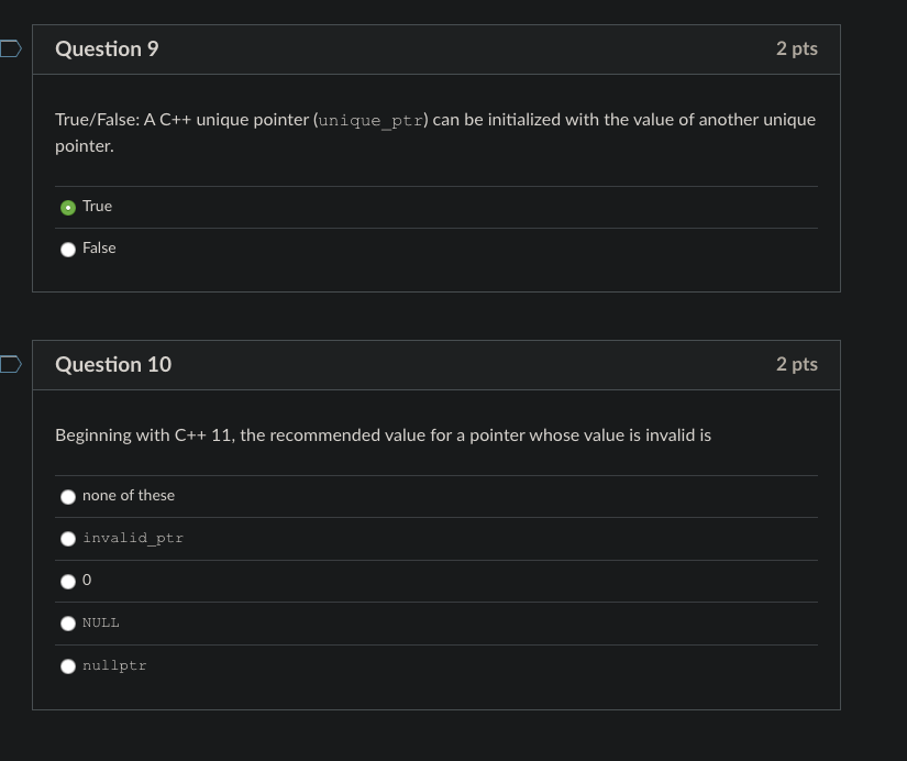Solved Question 9 2 pts True/False A C++ unique pointer