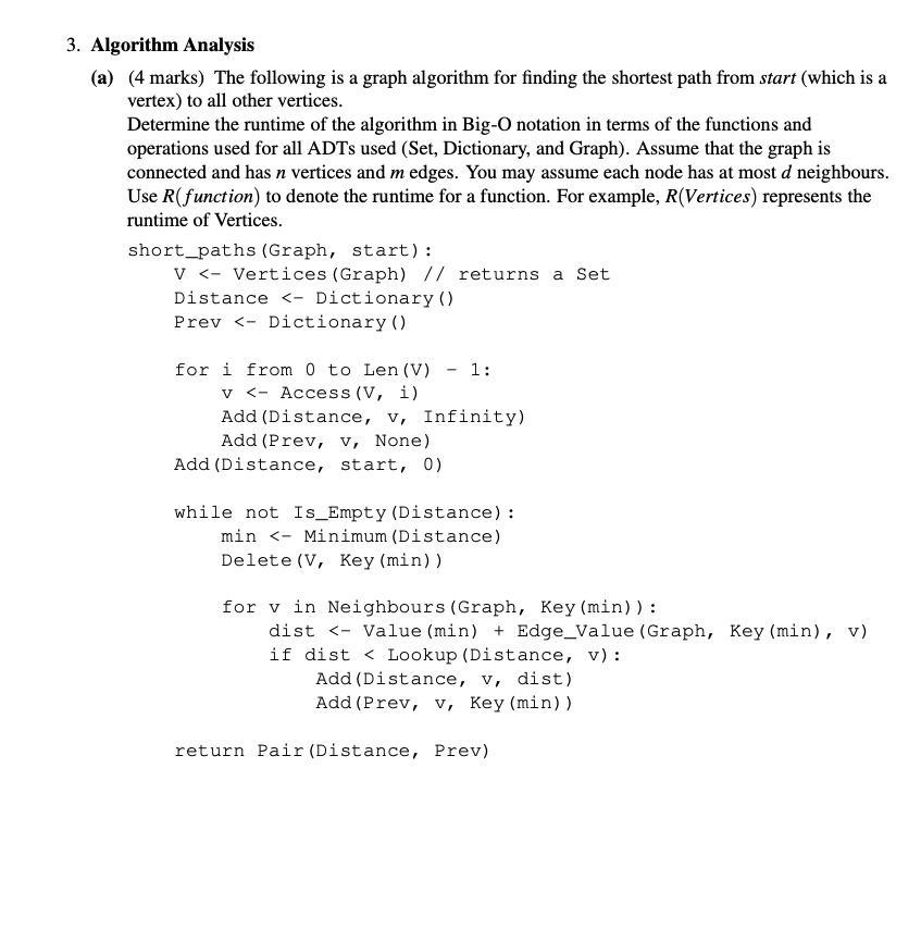 3. Algorithm Analysis (a) (4 marks) The following is | Chegg.com
